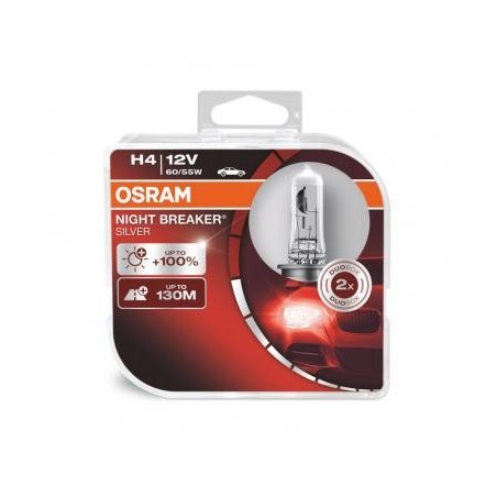 Osram H4 Night Breaker Silver 12V 60/55W P43t Up to 100% 130M more Halogen Bulb